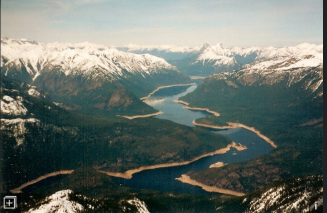 Ross Lake Reservoir looking north towards the snow capped peaks of British Colombia. 