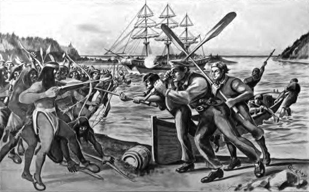 In a conflight with the indigenous tribs, Gray is painted whilding a boat's oar over his head as he charges at bow and arrow prepared Tillamook residents. 