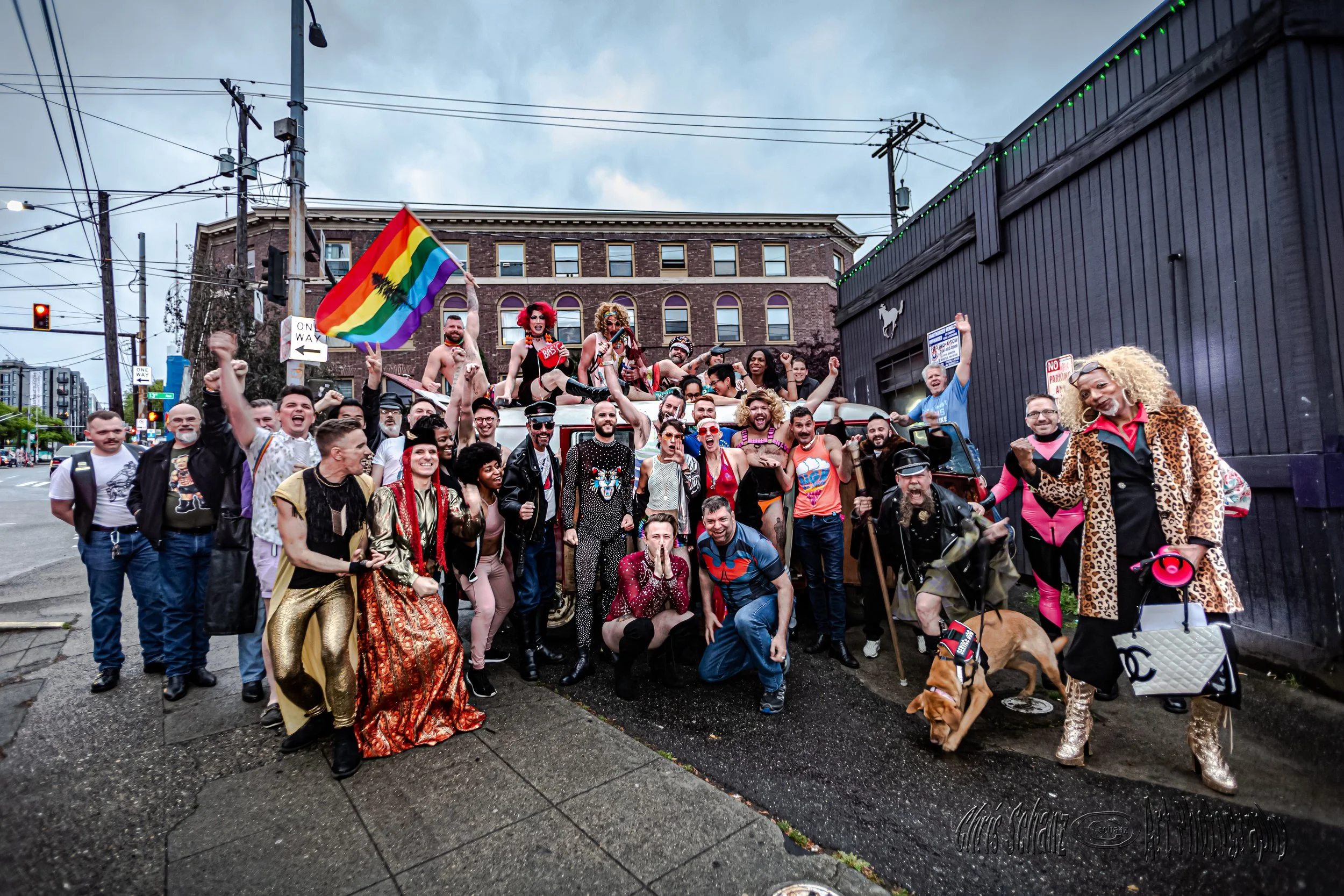  Remembering Stonewall Riots recreated at the Pony on Capitol Hill for the 50th anniversary by Chris Schanz. The photo series is being displayed around Seattle, and 20% of proceeds sold from the shoot will be divided equally and donated to:  https://www.peerseattle.org/  and  http://theabbey.org/about-us/  