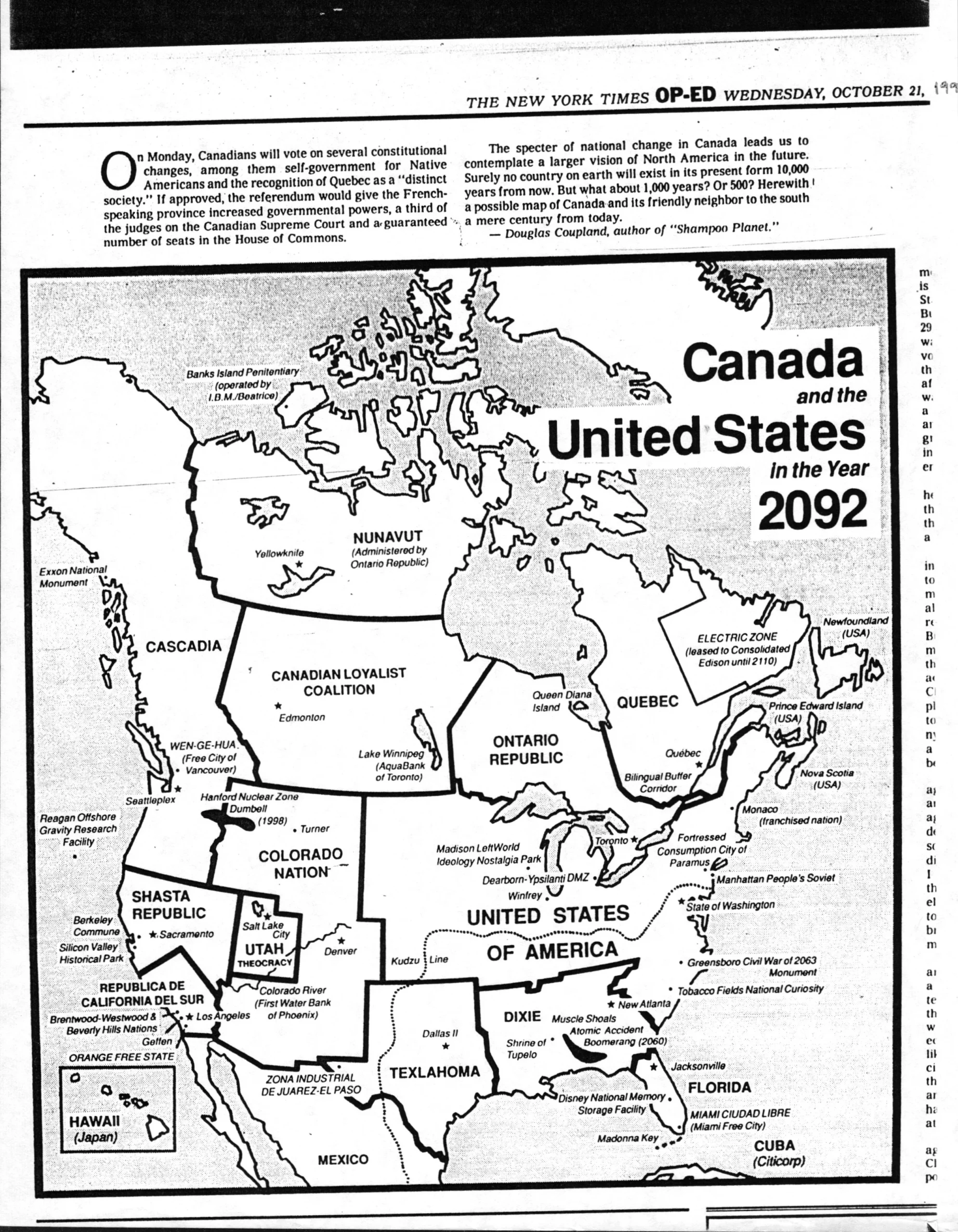  Canada and the United States in 2092 - Great image of Cascadia by artist Douglas Coupland, New York Times Op Ed from October 21 1992. 