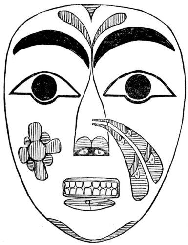   Mask Used in the Black Tamahnous Ceremonies by the Clallams.    [The markings are of different colors. The wearer sees through the nostrils.]  