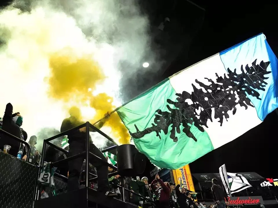  IMAGE CREDIT: NOV 15, 2016  SEATTLEPI.COM . Donald Trump's win has left some on the West Coast calling for secession. But join Canada? Above, a Pacific Northwest soccer fan flies the Doug Fir flag. The flag, drawn up by Cascadia secessionists, has since adopted by the region's soccer fans.  Seattle.com .  