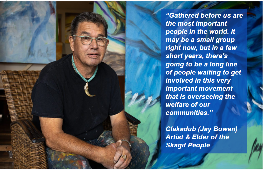 Jay Bowen, Elder of the Skagit People, opening the Regenerate Cascadia Summit, November 2023
